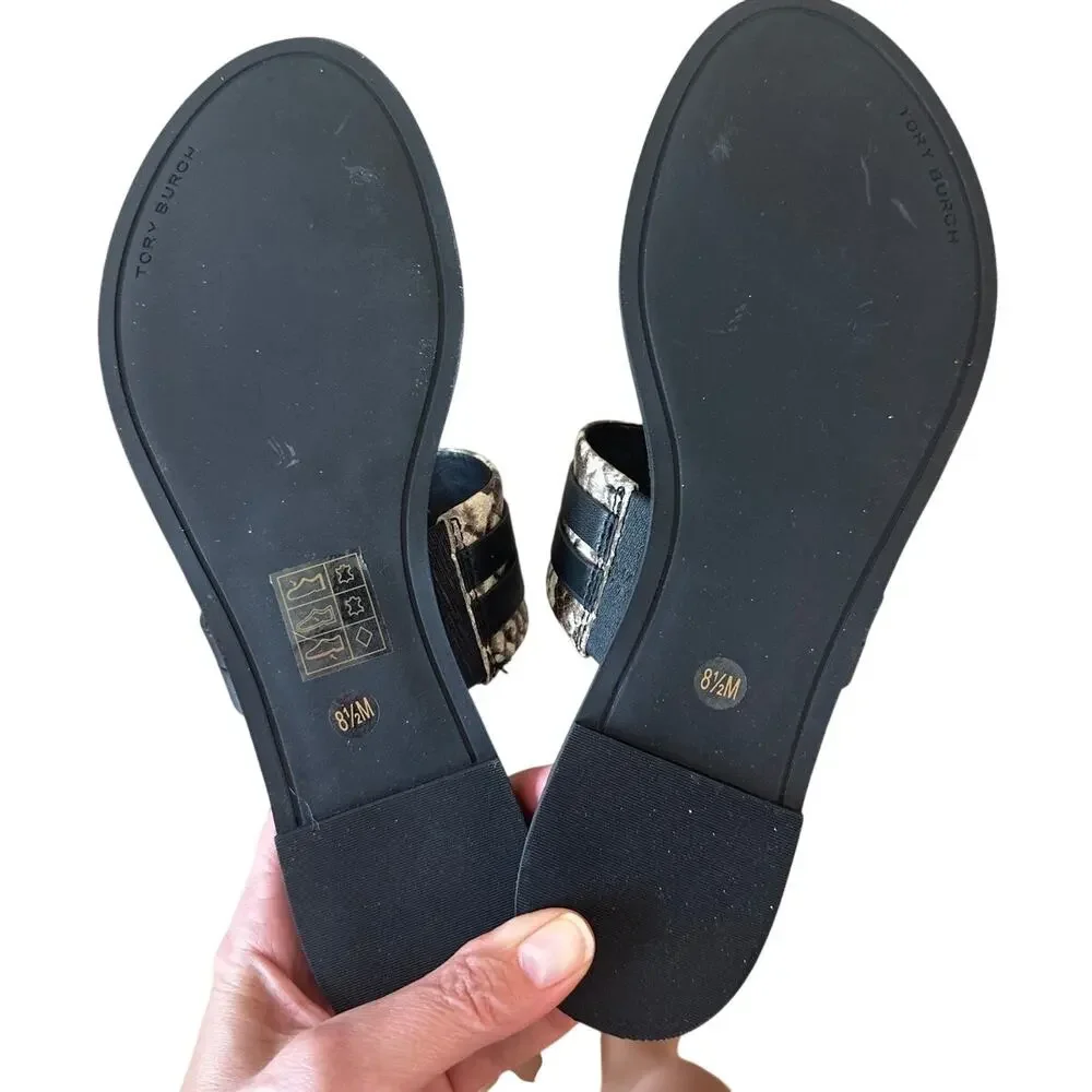 Tory Burch Leigh Thong Sandals 8.5 Roccia Snakeskin Black Logo